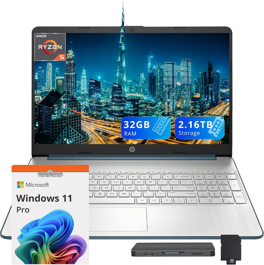 HP 15.6' FHD Laptop, AMD Ryzen 5-5500U, 32GB RAM, 2.16TB Storage (2TB SSD + 160GB Docking Station Set), AMD Radeon Graphics, Num Pad, Webcam, Bluetooth, Wi-Fi 5, Win 11 Pro, Blue