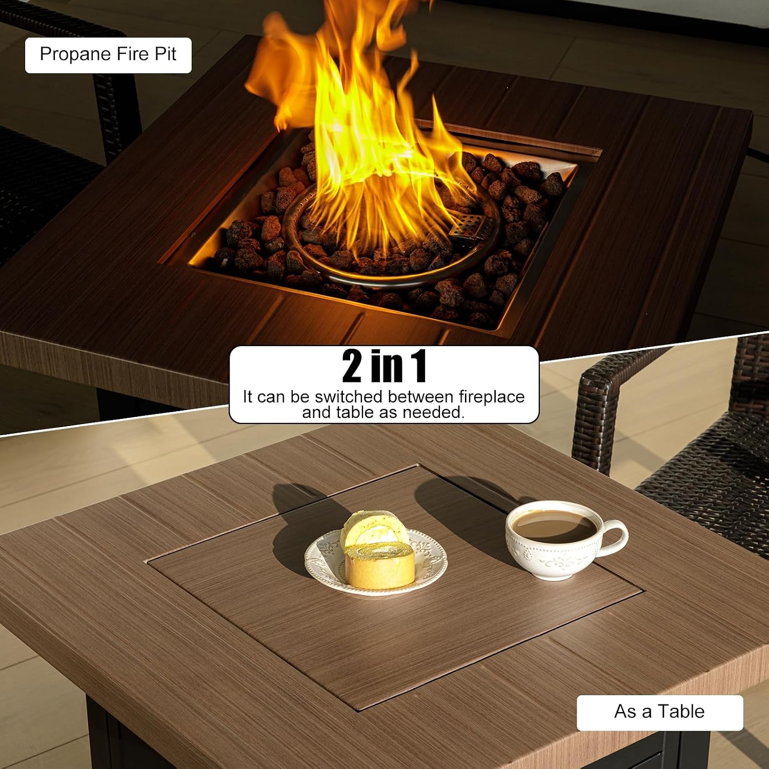 OutVue 28 Inch Propane Fire Pit Table, Outdoor Gas Fire Pits with Lid & Lava Rock, 50000 BTU Firepit for Dinning, Party in Outside, Patio, Garden or Yard(Black&Brown)
