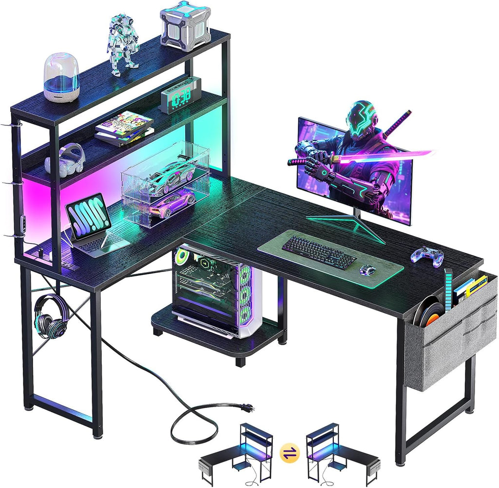 MOTPK L Shaped Gaming Desk with LED Light & Power Outlet, 43 Inch Reversible L Shaped Table with Shelves, Computer Desk with Storage Bag & Hook, Corner Table for Home Office, Black