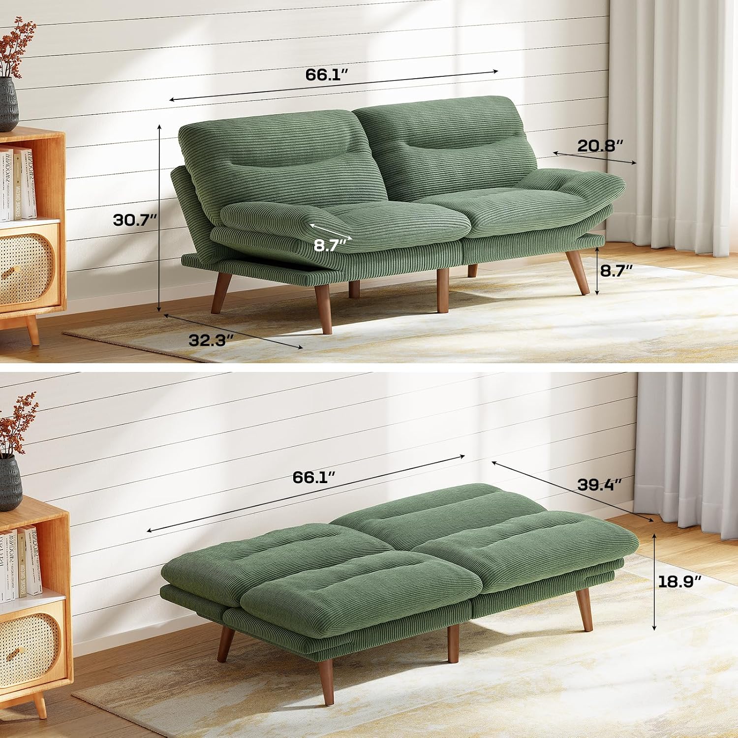 Marsail 66.1' Futon Sofa Bed, Corduroy Convertible Futon Couch with Adjustable Backrest & Armrests, Small Sleeper Sofa Loveseat for Small Apartments, Study Room, Office, Green