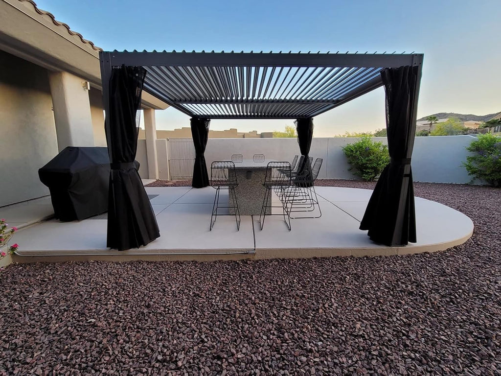 Domi Outdoor Pergola 10' × 13', Aluminium Louvered Pergola with Adjustable Roof, Curtains and Netting, Hardtop Gazebo for Patio, Deck, Garden, Yard, Beach(Gray)