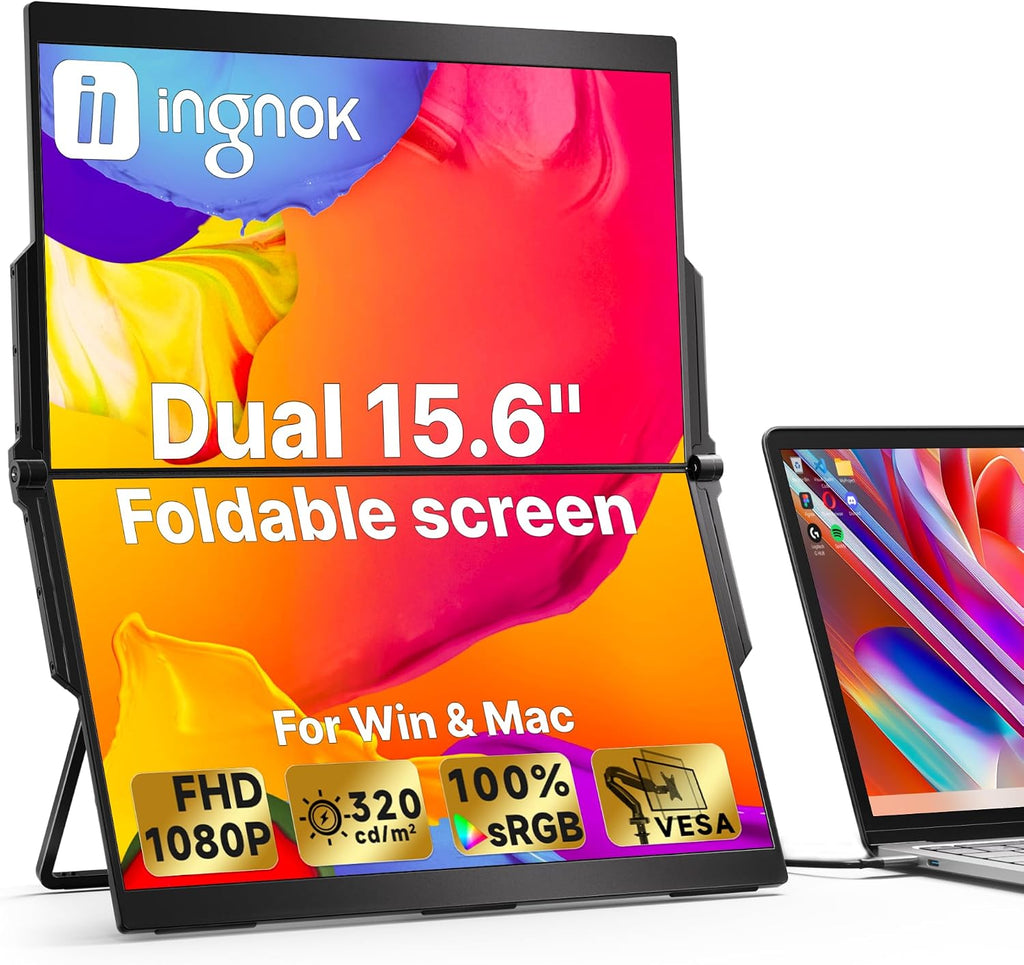 Ingnok 15.6' Dual Monitor, FHD 1080P 100% sRGB Laptop Screen Extender for Windows Mac, with 4 Speakers, 2 HDMI USB C Ports, for Office Gaming Triple Monitor