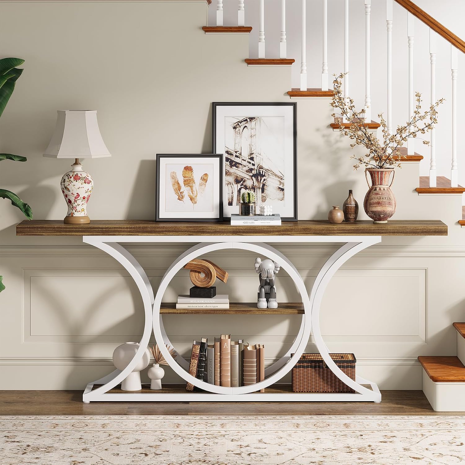 63 inch Extra Long Sofa Table, Rustic Industrial Entry Console Table, Behind Couch Table with Black Metal Frame, 3 Tier Storage Shelves for Hallway, Entryway & Living Room, Light Brown & White