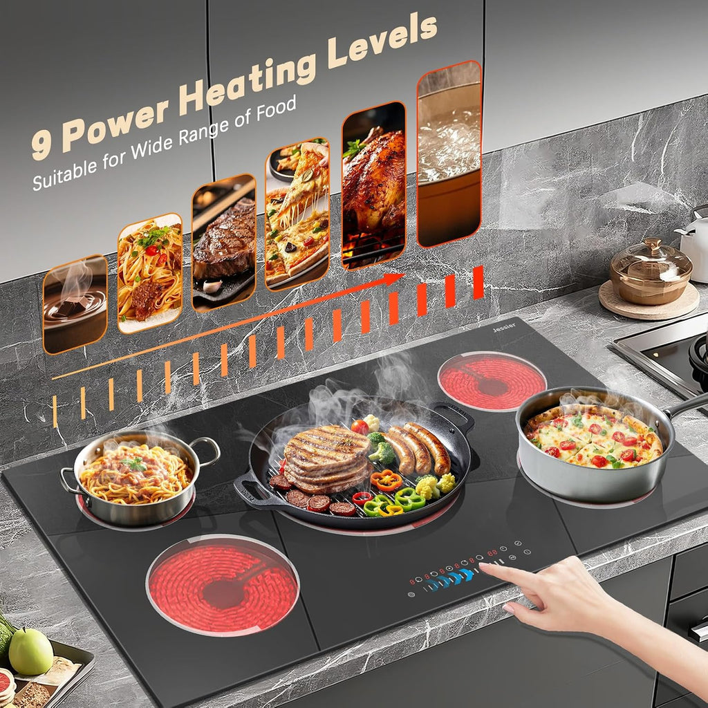 Electric Cooktop 36 Inch - 9200W High Power 5 Burners Electric Stovetop, Built-in 36 Inches Ceramic Burner Knob and Touch, Timer, Safety Lock, Expandable Ring, 220-240V Hard Wired (No Plug)
