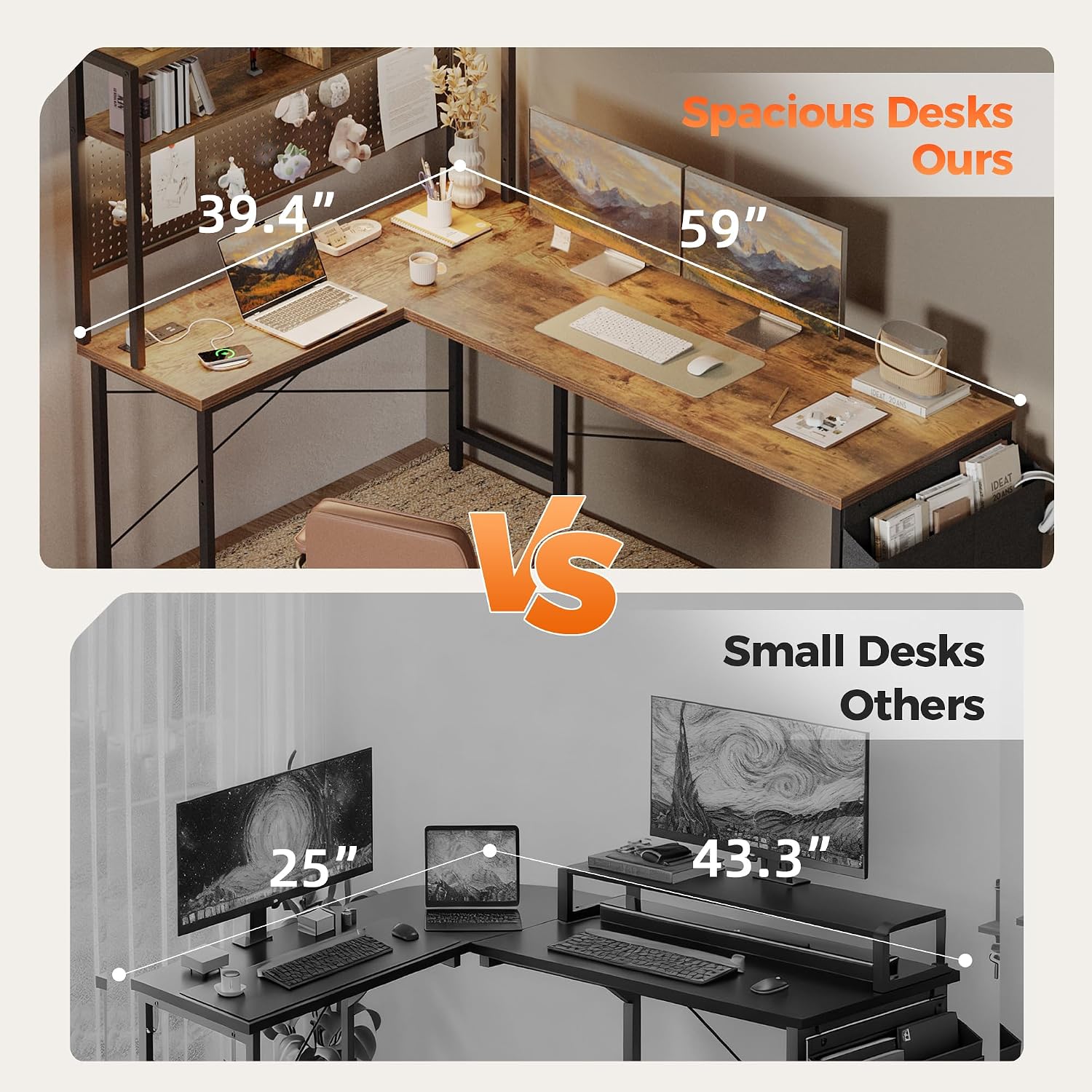 Mericonia 59 inch Large L Shaped Desk with Pegboard Hutch & Shelves, Corner Gaming Desk with Power Outlet, LED Light & Storage Bag, Reversible Computer Desk for Home, Bedroom, Office Workspace, Brown