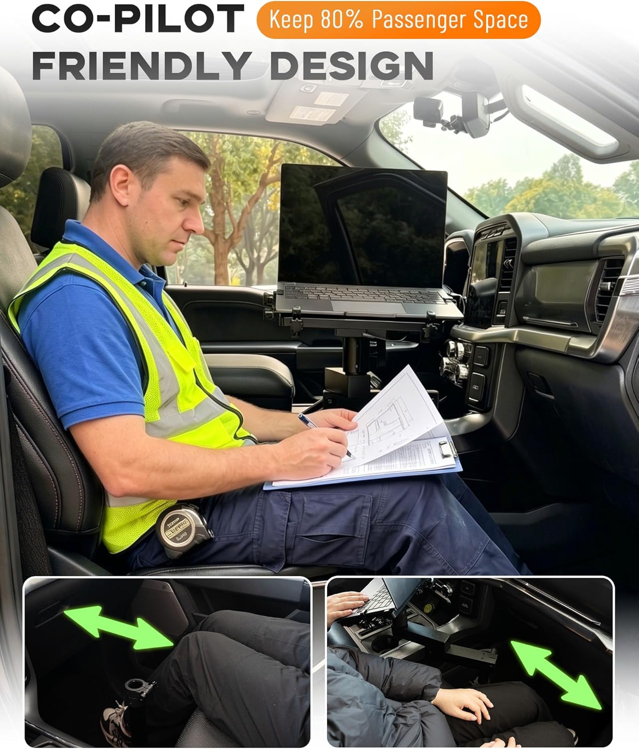 MELIPRON Truck Laptop Mount for Cars, Vans, Vehicles, No-Drill Computer Stand with Adjustable Height, Full Motion Swivel, Heavy-Duty Laptop Holder for Mobile Work