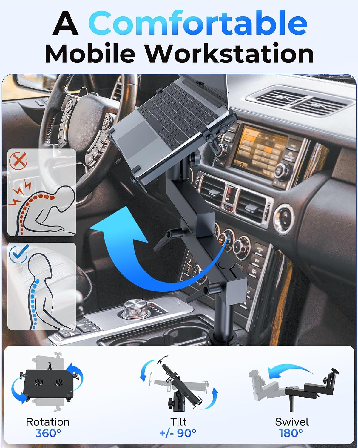 Car Laptop Mount with 2 Cooling Fans, No-Drill Adjustable Vehicle Computer Mount for Trucks, Vans, Heavy Duty Aluminum Laptop Holder for Work on The Go