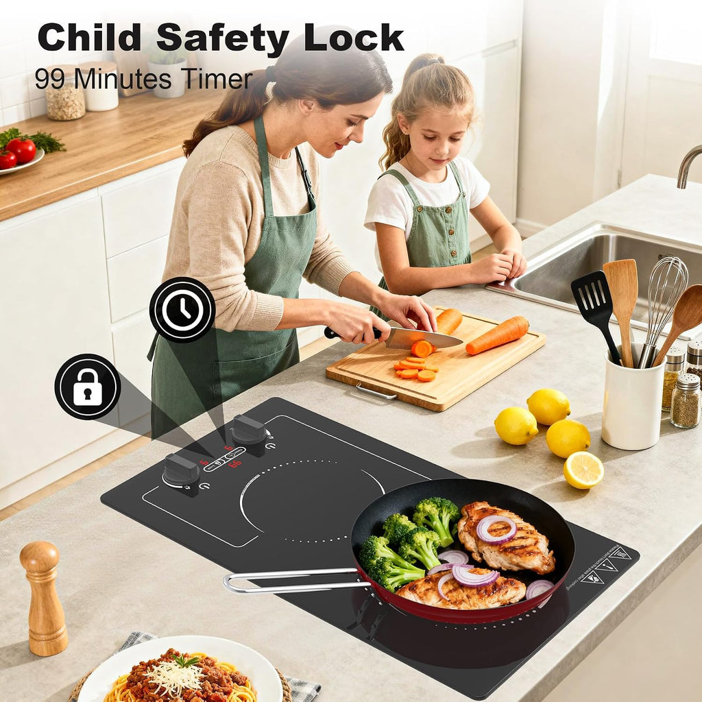 GIHETKUT Double Induction Cooktop, 110V 2300W hot plate with LED Touch Screen, 9 Power Levels, Kids Lock & Timer, Overheat Protection, knob and touch control 2 burner Induction cooktop