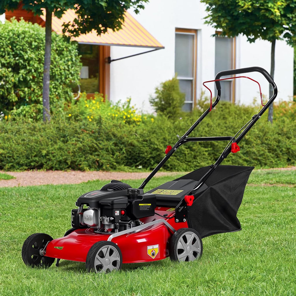 Self-Propelled Gas Lawn Mower, 131cc Engine 18-Inch Walk-Behind Push Mower with 50L Grass Bag, 3-in-1 Cutting, 8-Level Height Adjustment and Foldable Design