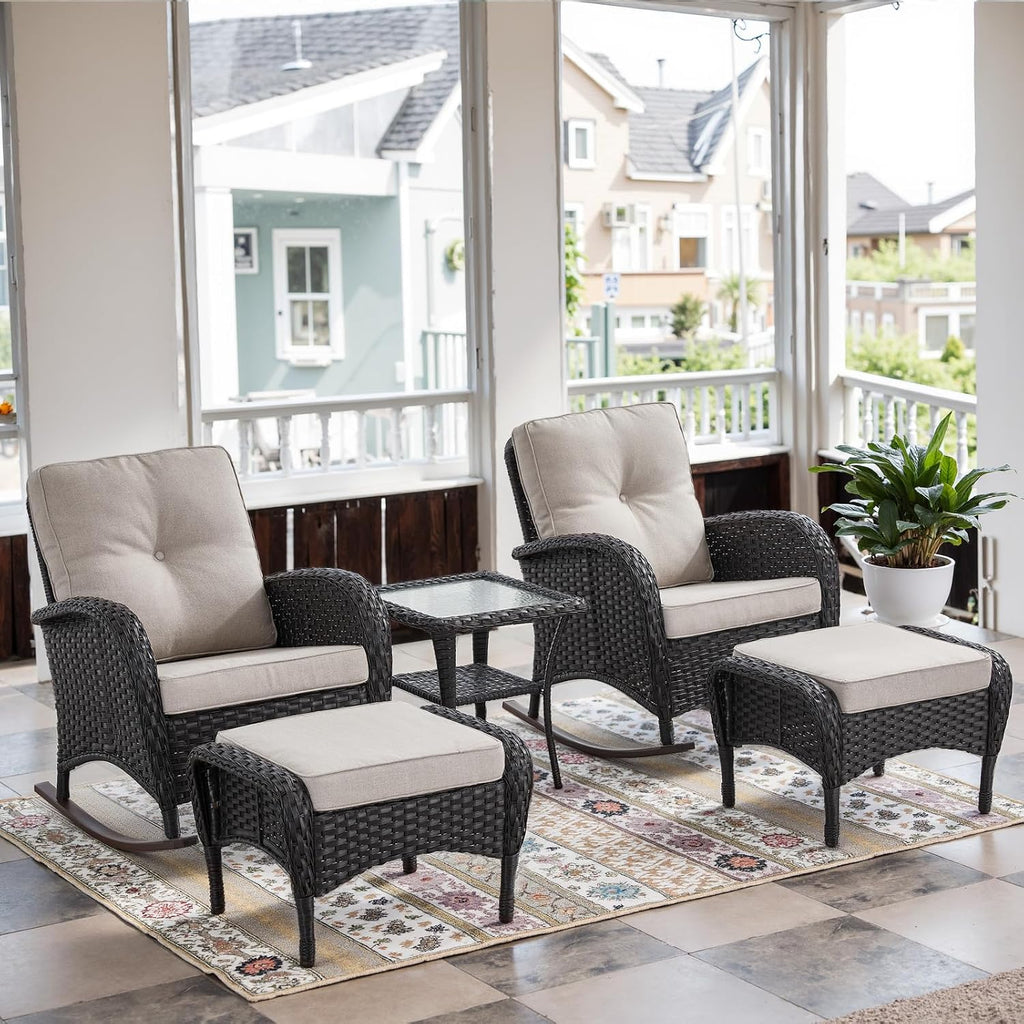 Belord Patio Rocking Chairs Furniture Set - 5 Piece Outdoor Wicker Furniture Sets with Ottomans, Small Patio Conversation Sets with Wicker Rocking Chairs Black/Beige