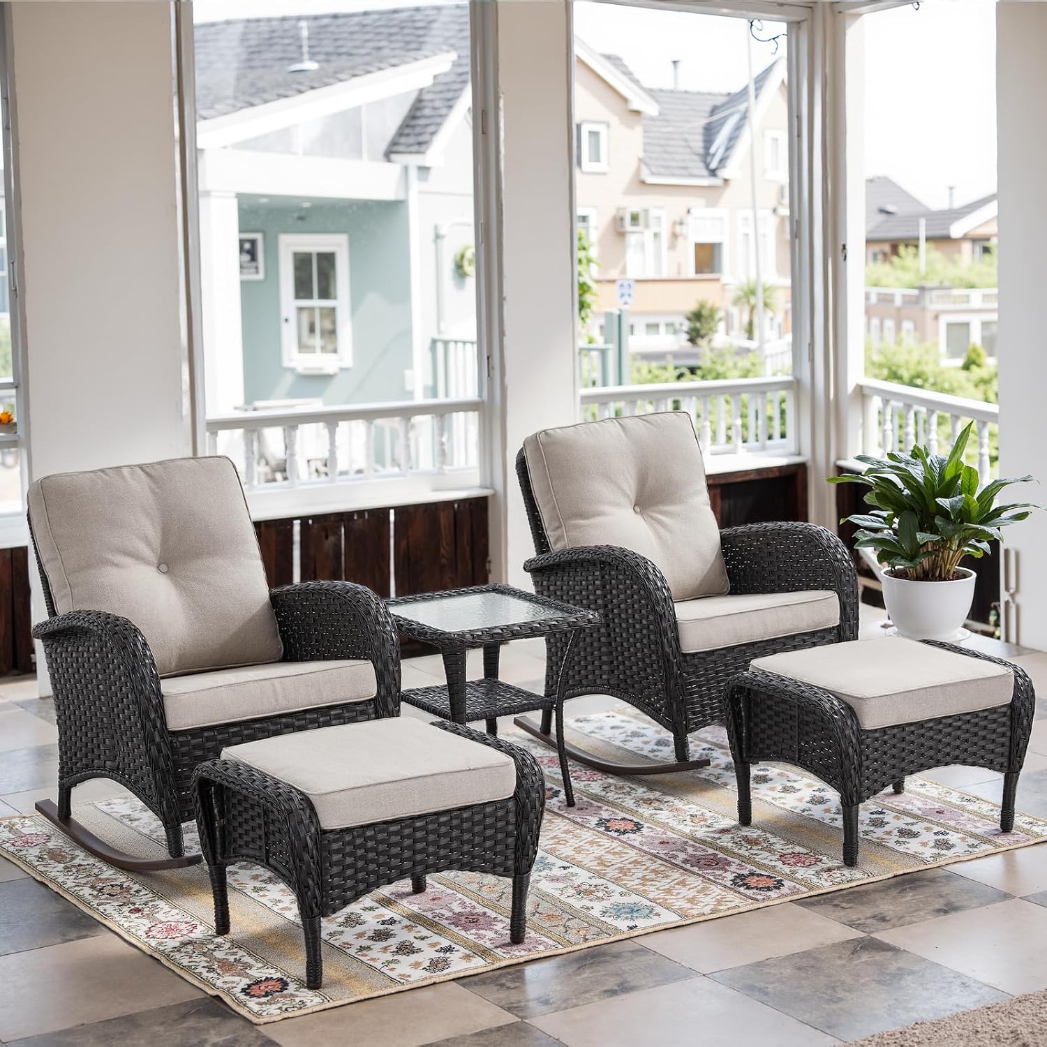 Belord Patio Rocking Chairs Furniture Set - 5 Piece Outdoor Wicker Furniture Sets with Ottomans, Small Patio Conversation Sets with Wicker Rocking Chairs Black/Beige