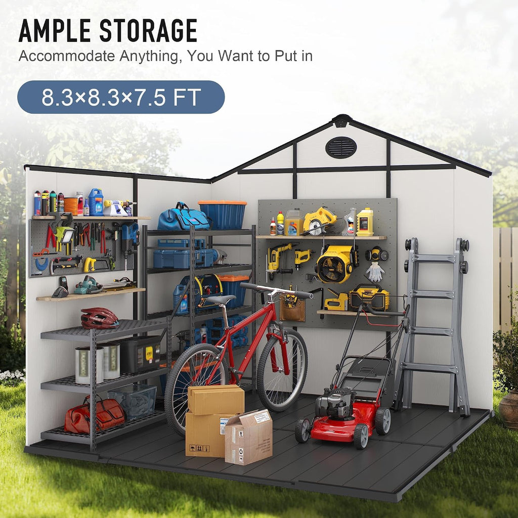 8x8 FT Resin Storage Shed, Featuring 0.6' Thick Panels, Weatherproof Outdoor Tool Shed with Floor for Garden, Lawn, Backyard
