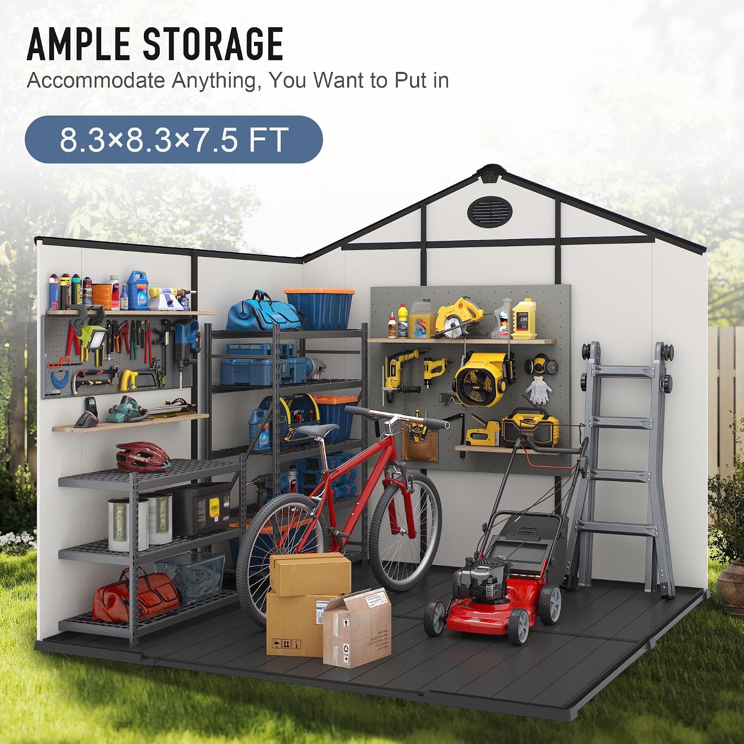 8x8 FT Resin Storage Shed, Featuring 0.6' Thick Panels, Weatherproof Outdoor Tool Shed with Floor for Garden, Lawn, Backyard