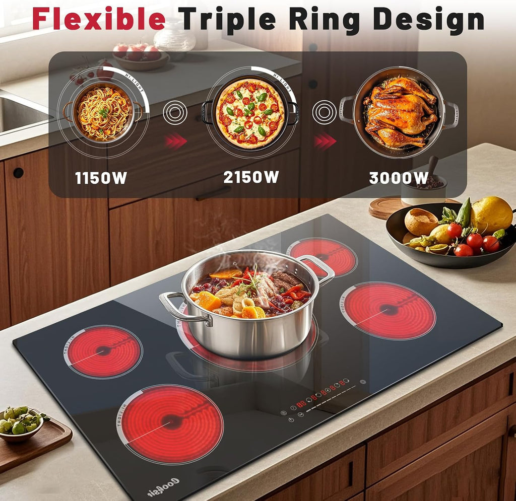 36 Inch Electric Cooktop - Built-in(34.25'x19.3') 36 Inch Electrical Stove 240V, 9200W Five Burner Ceramic Cooktop, Slide-Touch Control, Timer, Safety Lock, Electric Stovetop, 220V Hard Wired