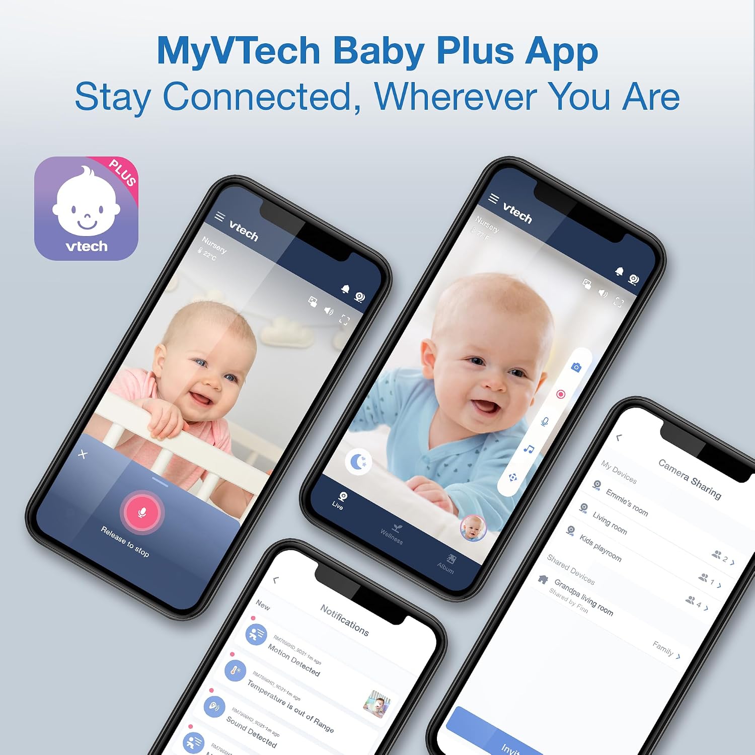 VTech Smart WiFi 7' HD Display Video Baby Monitor, 1080p HD Camera via App, Pan-Tilt-Zoom, Night Light, 2-Way Talk, 2K CMOS Video Sensor, Wide-Angle Viewing, Rechargeable Battery, Free App: RM7866HD