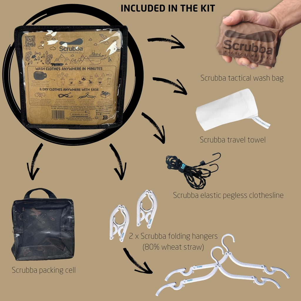 Scrubba Tactical Wash Bag & Dry Kit - Portable Washing Machine System with XL Towel, Pegless Clothesline & Hangers - Lightweight Travel Essentials Laundry Kit for Camping, Hiking, RV, Hotels