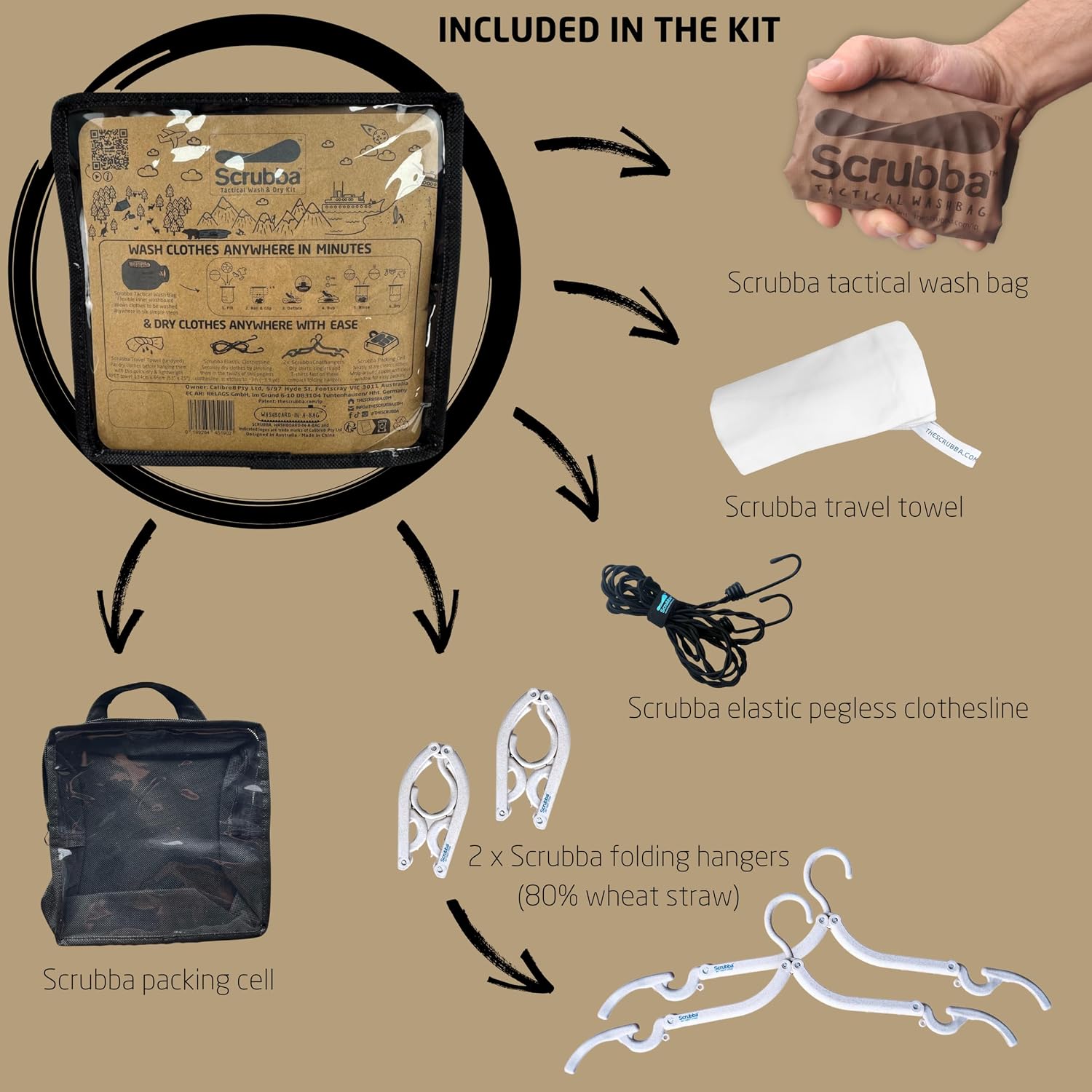 Scrubba Tactical Wash Bag & Dry Kit - Portable Washing Machine System with XL Towel, Pegless Clothesline & Hangers - Lightweight Travel Essentials Laundry Kit for Camping, Hiking, RV, Hotels