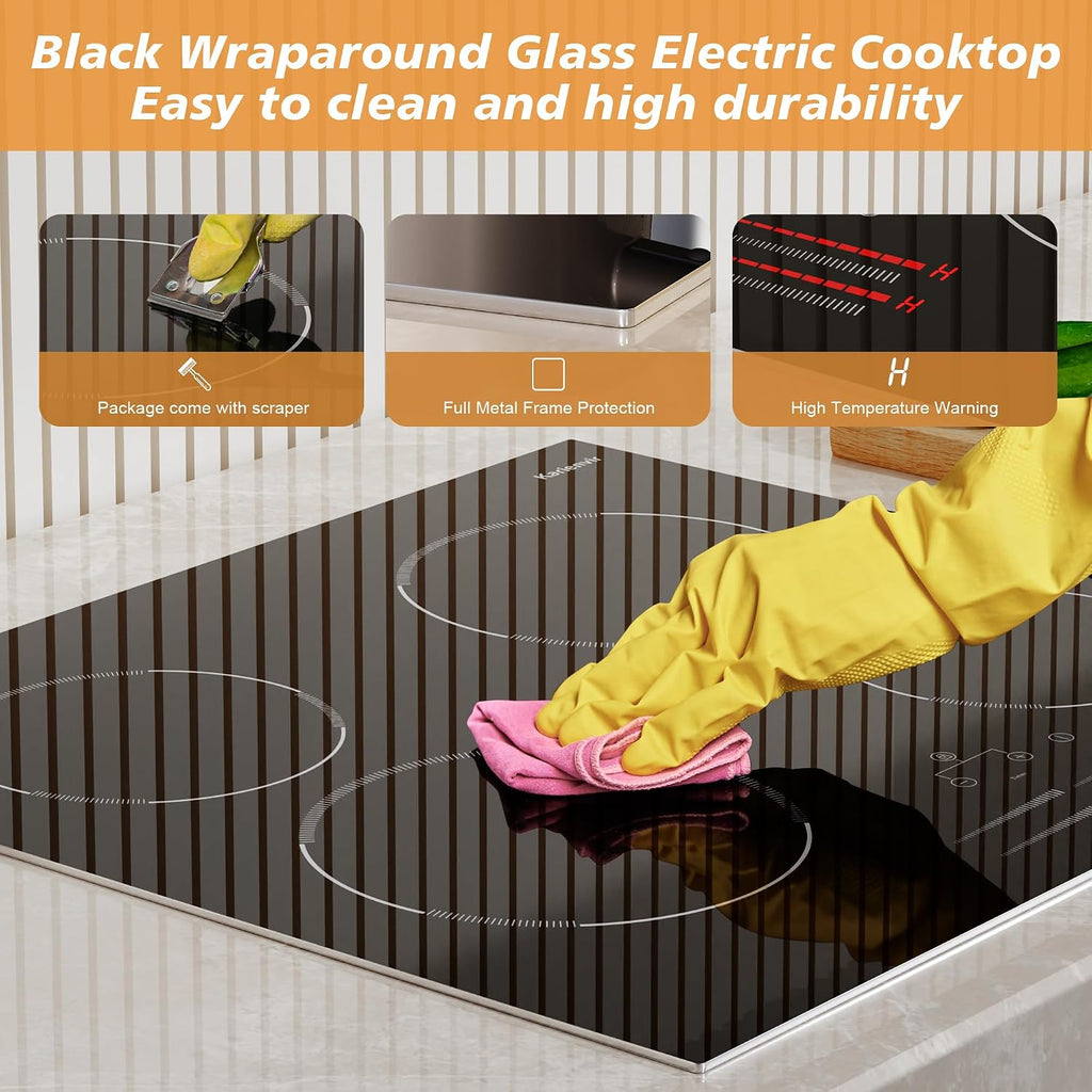 4 Burner Electric Cooktop 24 Inch, 6000W Cooktop Electric Slide Controls, Built in Electric stove top, Glass Protection Metal Frame, 9 Power Levels, Safety Lock, Timer, 240V Hard Wire(No Plug)
