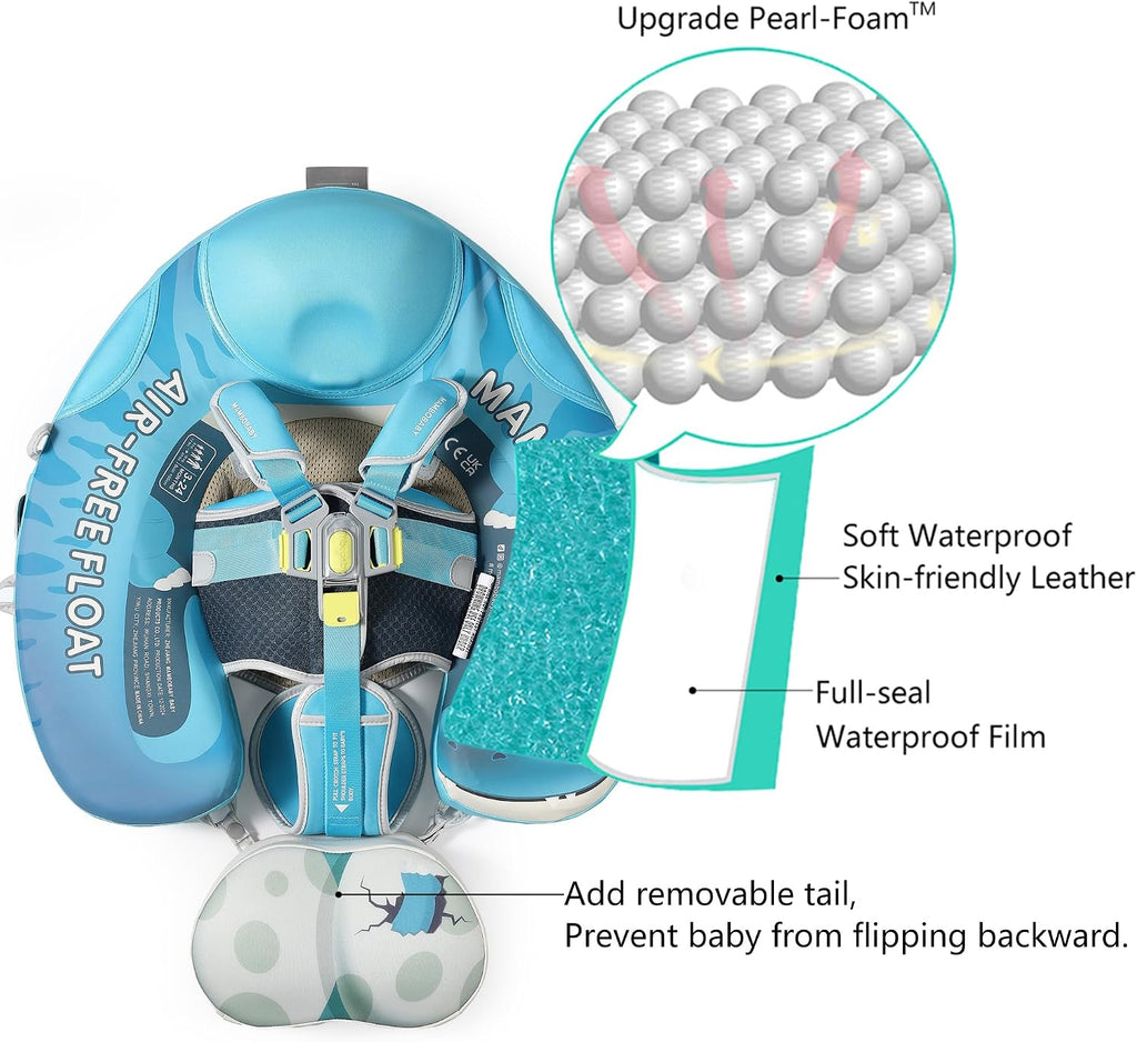 Mambobaby Float Upgrade Add Tail Baby Float with Canopy for Infant Waist Swimming Ring Swim Trainer Non-Inflatable Floats Toys with Adjustable Safety Strap (Blue - Dinosaur)