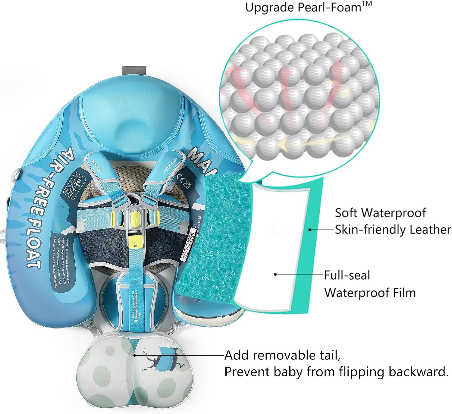 Mambobaby Float Upgrade Add Tail Baby Float with Canopy for Infant Waist Swimming Ring Swim Trainer Non-Inflatable Floats Toys with Adjustable Safety Strap (Blue - Dinosaur)