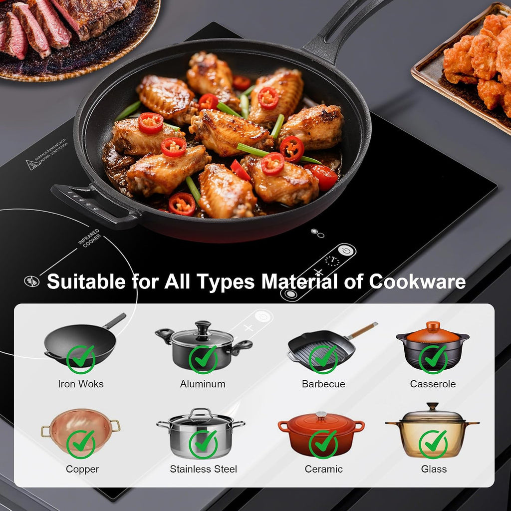Dual Coil Design of 2 Burner Cooker, 1800W Electric Ceramic Hot Plate for Cooking, Infrared Double Burner Portable Countertop or 24inch Built-in Cooktop Radiant Stove Top, Compatible with All Cookware