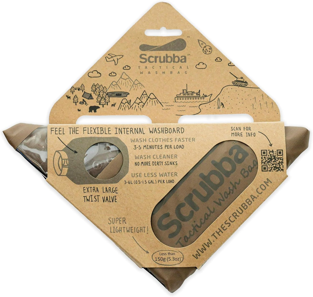 Scrubba Tactical Wash Bag & Dry Kit - Portable Washing Machine System with XL Towel, Pegless Clothesline & Hangers - Lightweight Travel Essentials Laundry Kit for Camping, Hiking, RV, Hotels