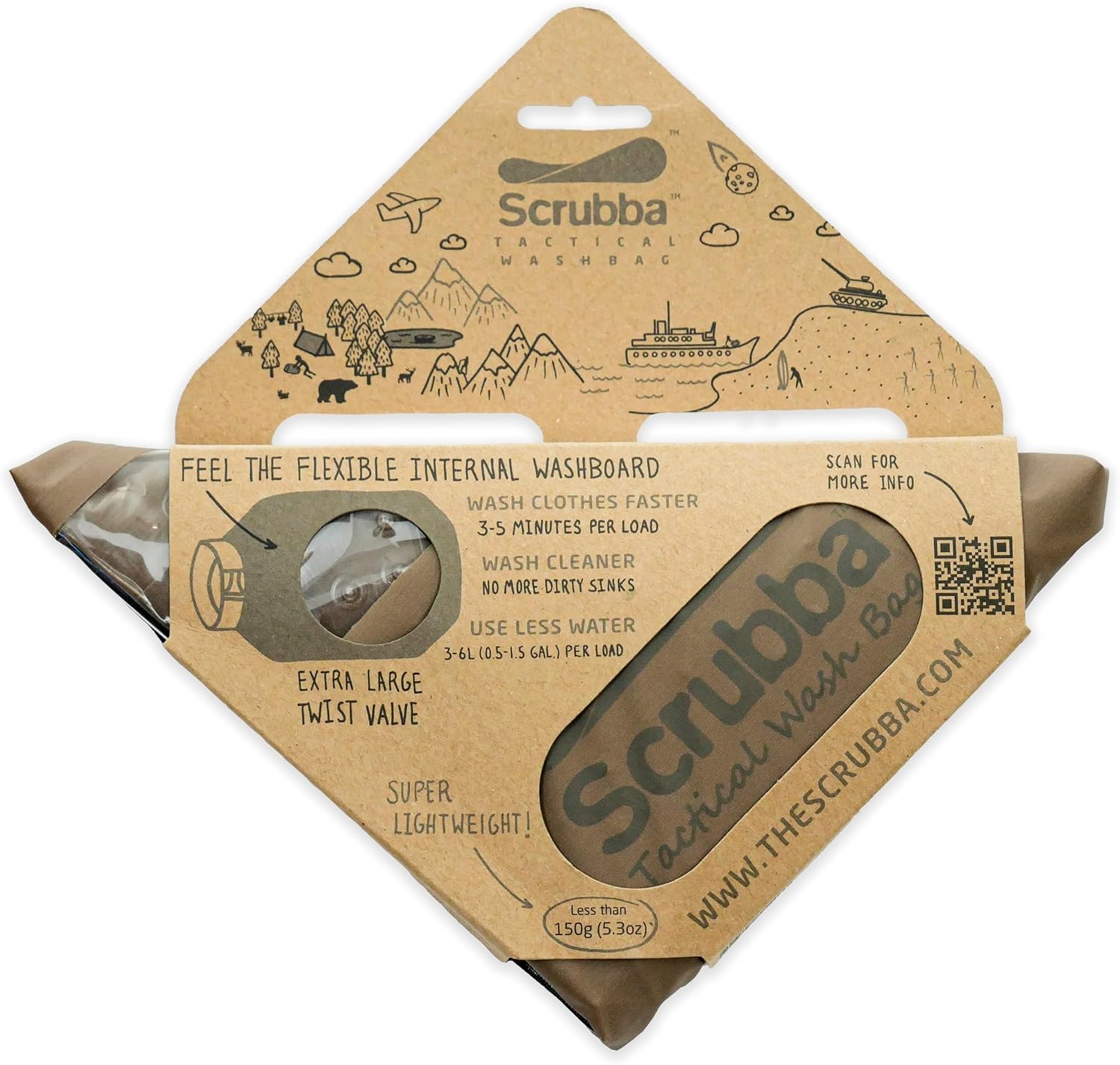 Scrubba Tactical Wash Bag & Dry Kit - Portable Washing Machine System with XL Towel, Pegless Clothesline & Hangers - Lightweight Travel Essentials Laundry Kit for Camping, Hiking, RV, Hotels