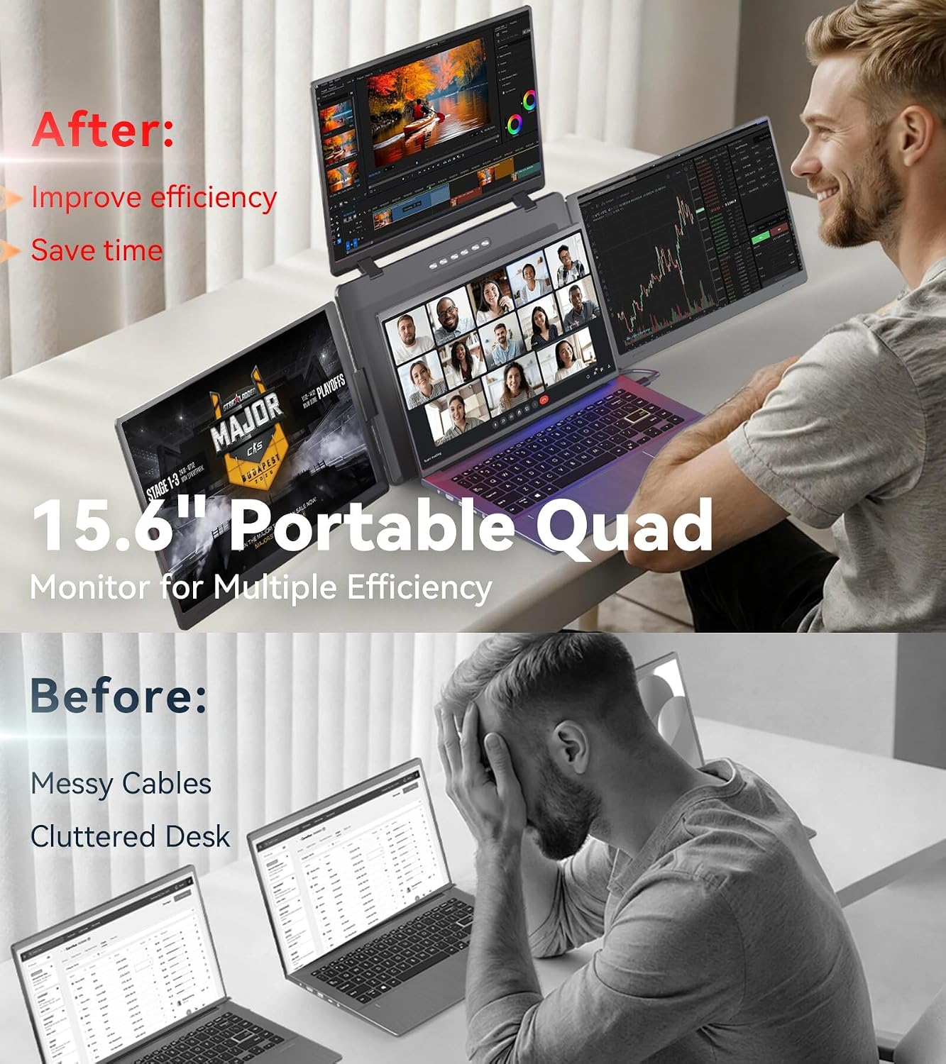 15.6' Laptop Screen Extender, Quad Monitor, FHD 1080P Portable Monitor, Laptop Extender Portable, Supports Laptops 13.6'- 17.3', Compatible with Windows 10/11 and MacOS M1/M2/M3