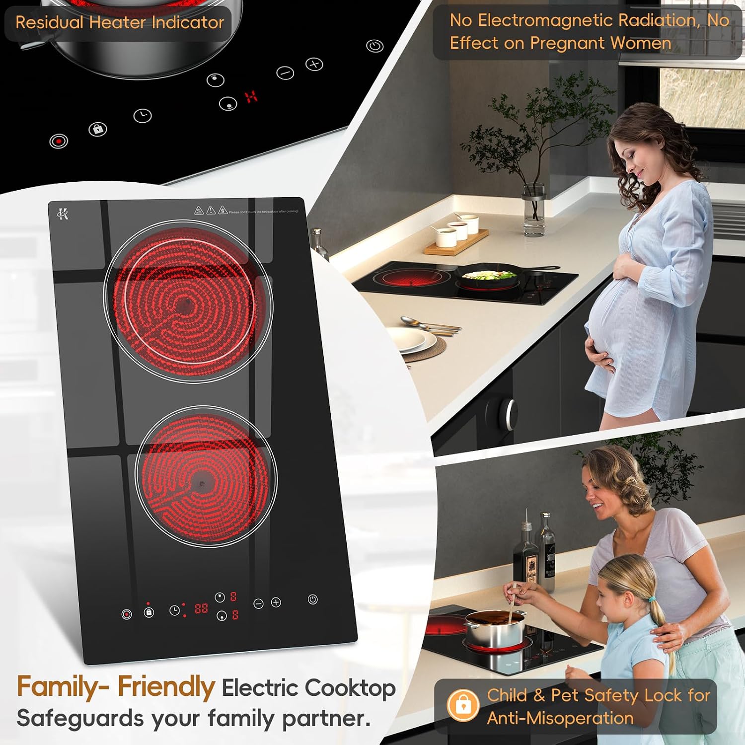 Electric Cooktop 2 Burner, 1800W Radiant Electric Stove Top 120V with Countertop & Built-in Design, 12 inch Touch Control Ceramic Cooktop with Safety Lock, 9 Level Power, Timer - Plug in