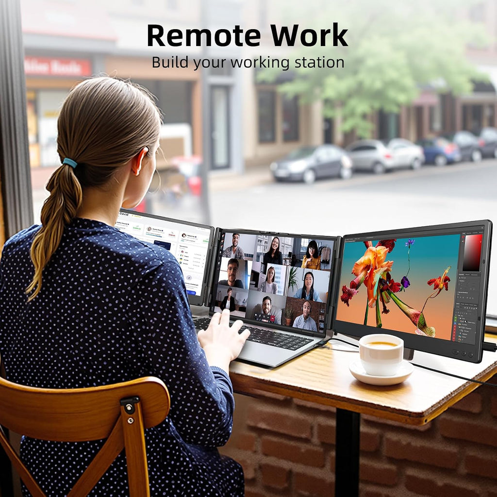 ZUMWALT Laptop Screen Extender, 14' Triple Portable Monitor for Laptop, 1080P FHD Screen Extender Monitors for 13'-16.5', Monitor Extender for MacOS/Windows/Chrome (Built-in Speakers)