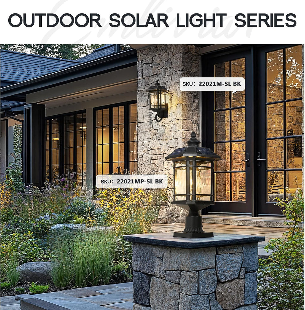 Emliviar 20.5' Solar Post Light Outdoor, Large Black Solar Column Light Head with Remote Control, LED Exterior Fence Lamp with Water Grain Glass, 22021MP-SL BK