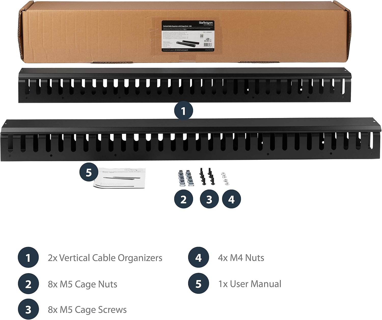StarTech 2-Pack 20U Vertical Cable Organizer with Finger Ducts, Vertical Cable Management Panel, 40U Rack-Mount Cable Raceway, 2x 3ft (91cm) Wire Organizers
