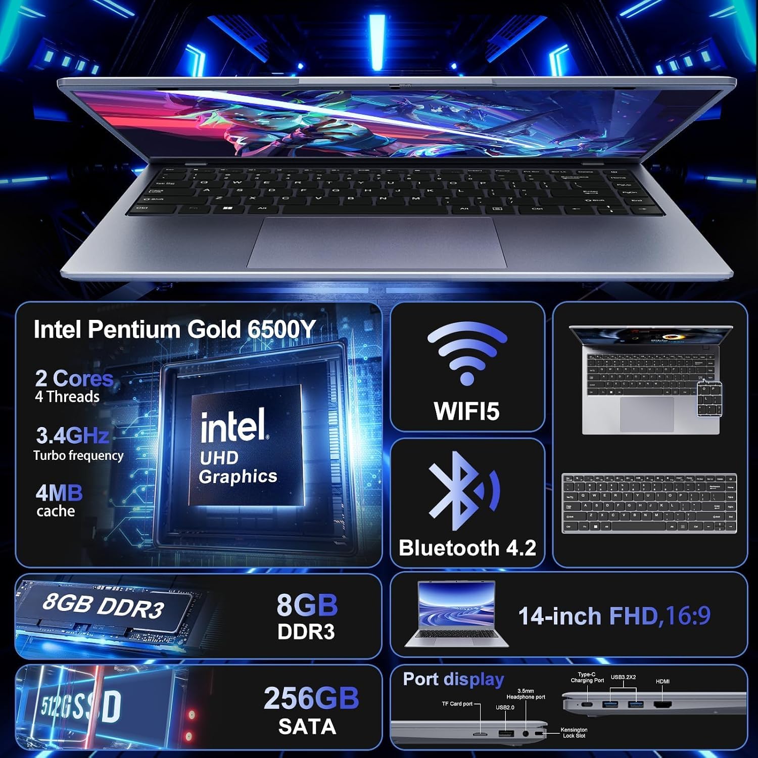 2026 Silver Laptop, Pentium Gold 6500Y Processor(Up to 3.4 GHz),8GB RAM 256GB SSD,14 Inch FHD IPS Display, 5000mAh Battery,Type-C