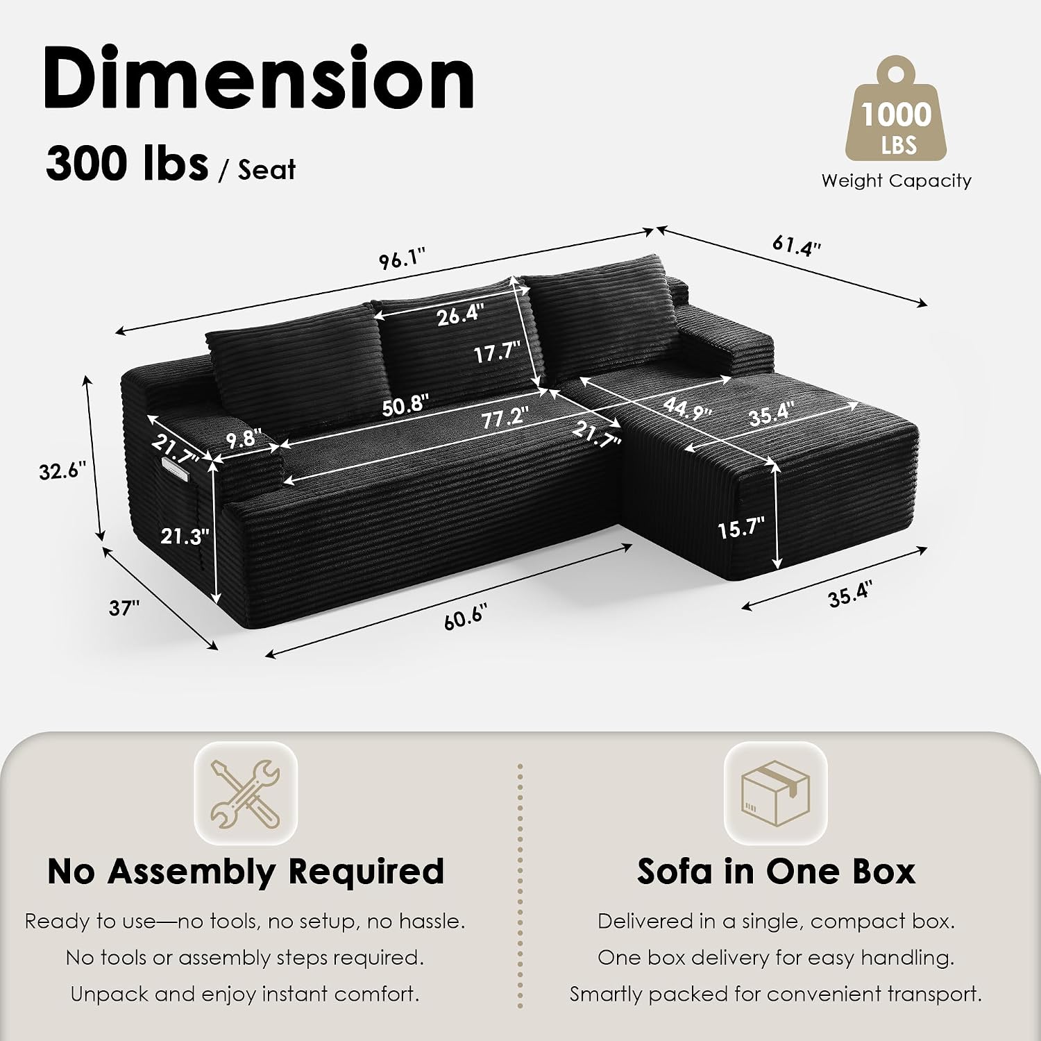 Modular Sectional Sofa Couches, 96' L-Shaped Cloud Boneless Couch with Right Chaise Lounge & Side Pockets for Living Room | No Assembly Required | Corduroy Fabric, Black