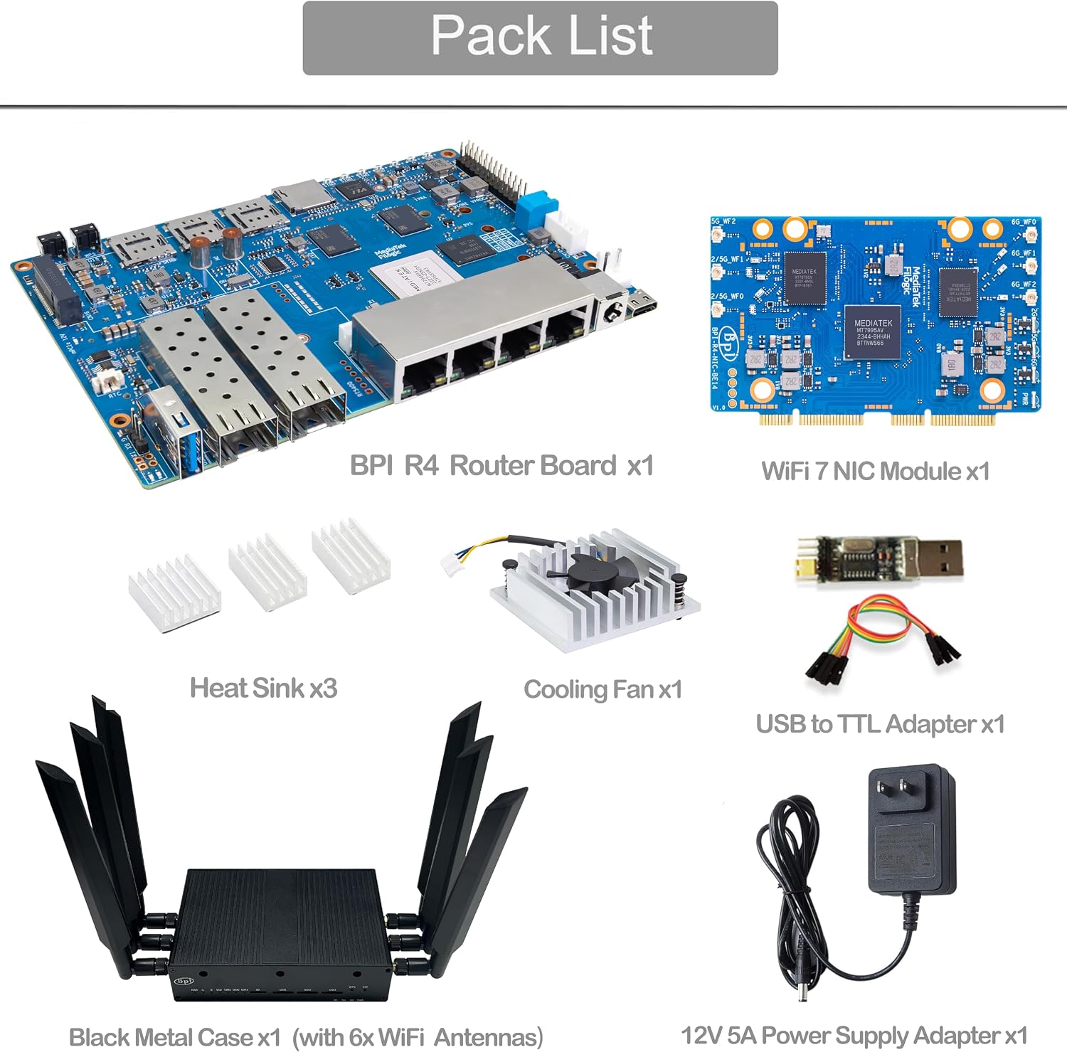 Banana Pi BPI-R4 WiFi 7 Wireless Dual-Band WiFi Router Board OpenWRT, with MediaTek MT7988A (Filogic 880) SoC, Support 2X 10GbE SFP and 4X GbE Gigabit Ethernet for NAS Smart Home Gateway (Bundle3)
