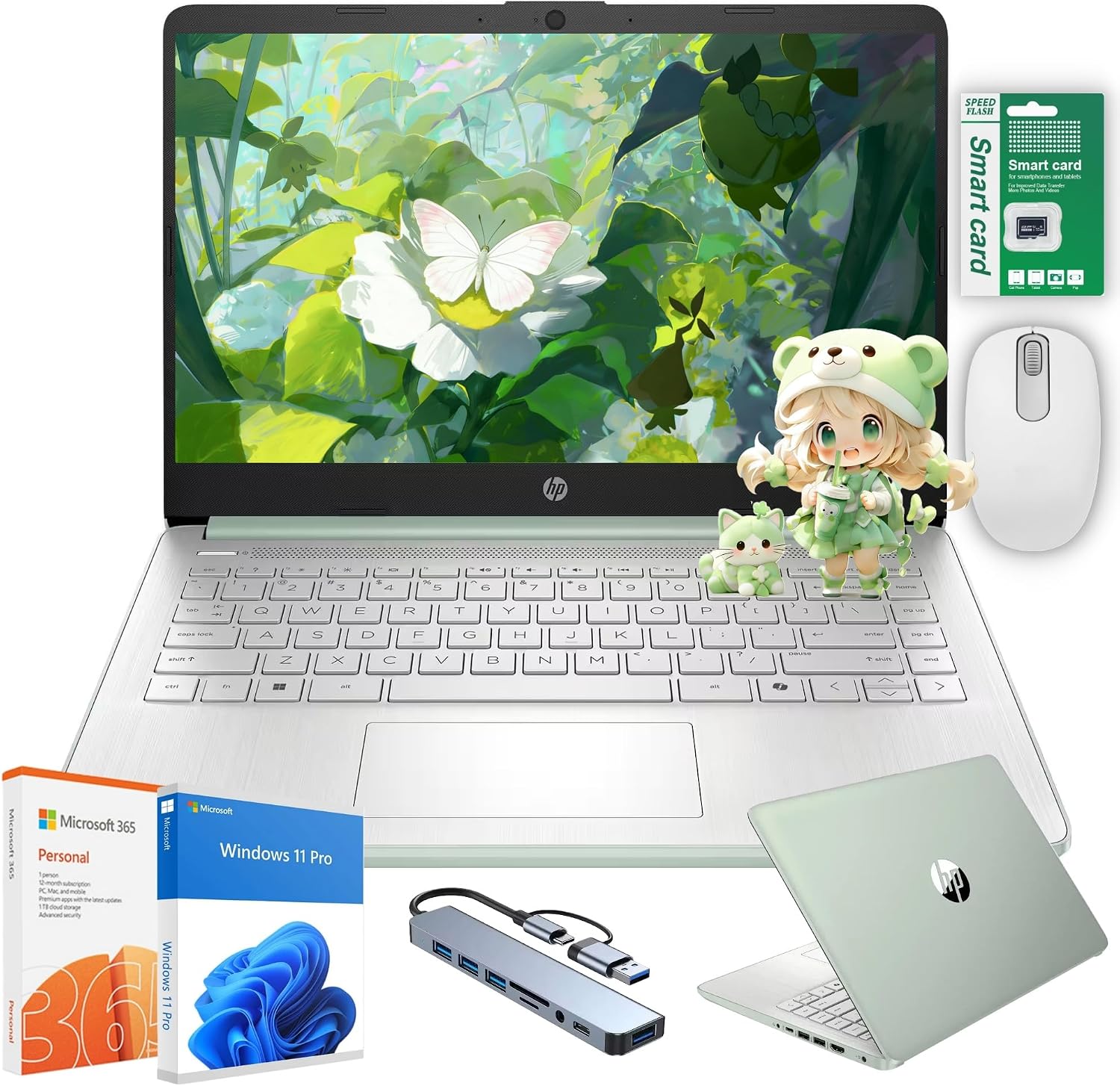 HP Ultra Thin 14' Laptop with Copilot, Intel N150, 8GB RAM, 384GB(128GB eMMC+256GB SD Card) • HUB • Mouse, Windows 11 Pro, 1-Year Office 365, Lightweight Green Notebook for Work & School