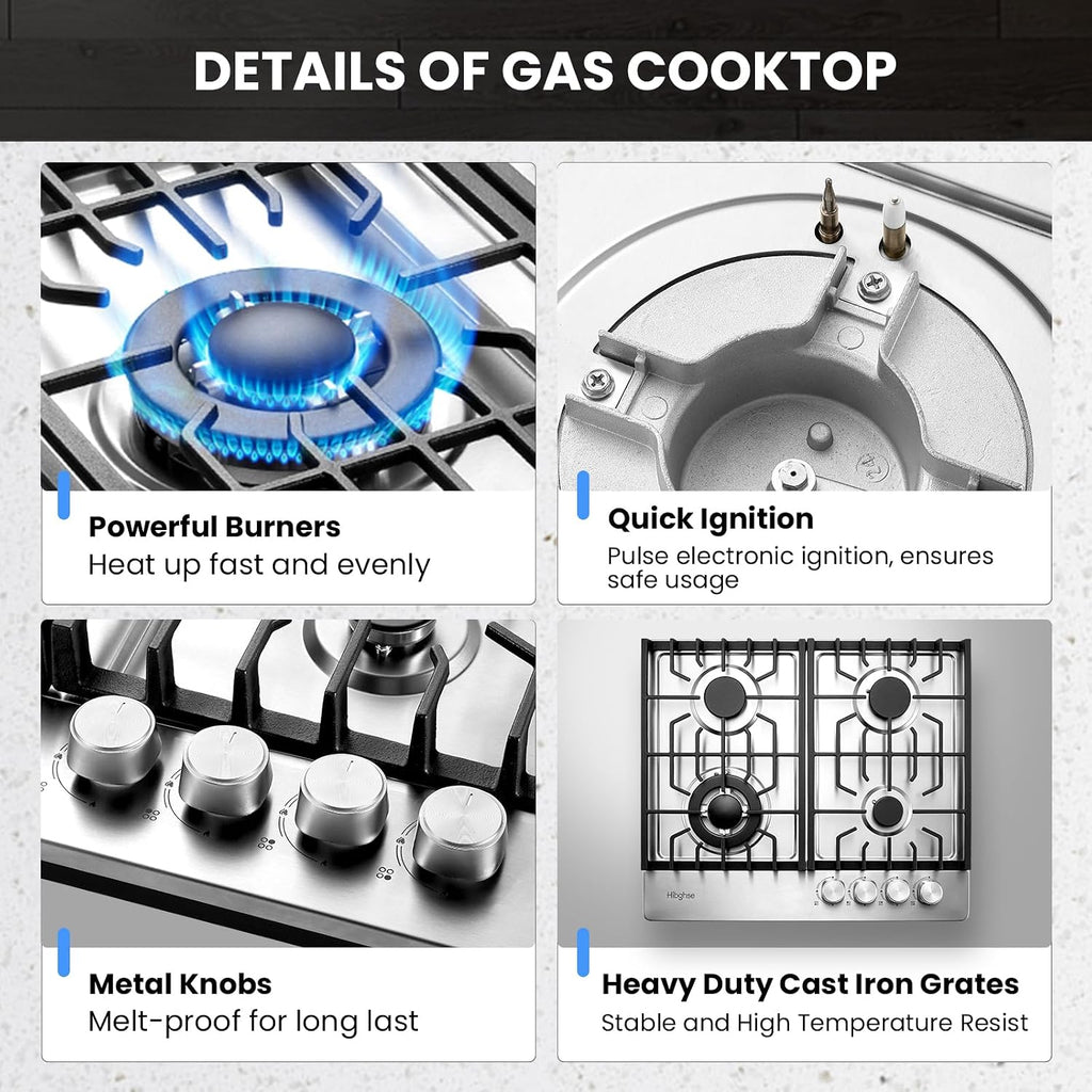 24 Inch Built-in Gas Cooktop with 4 Burner, Stainless Steel Gas Stove Top NG/LPG Convertible Propane Cooktops, Flame Out Protection