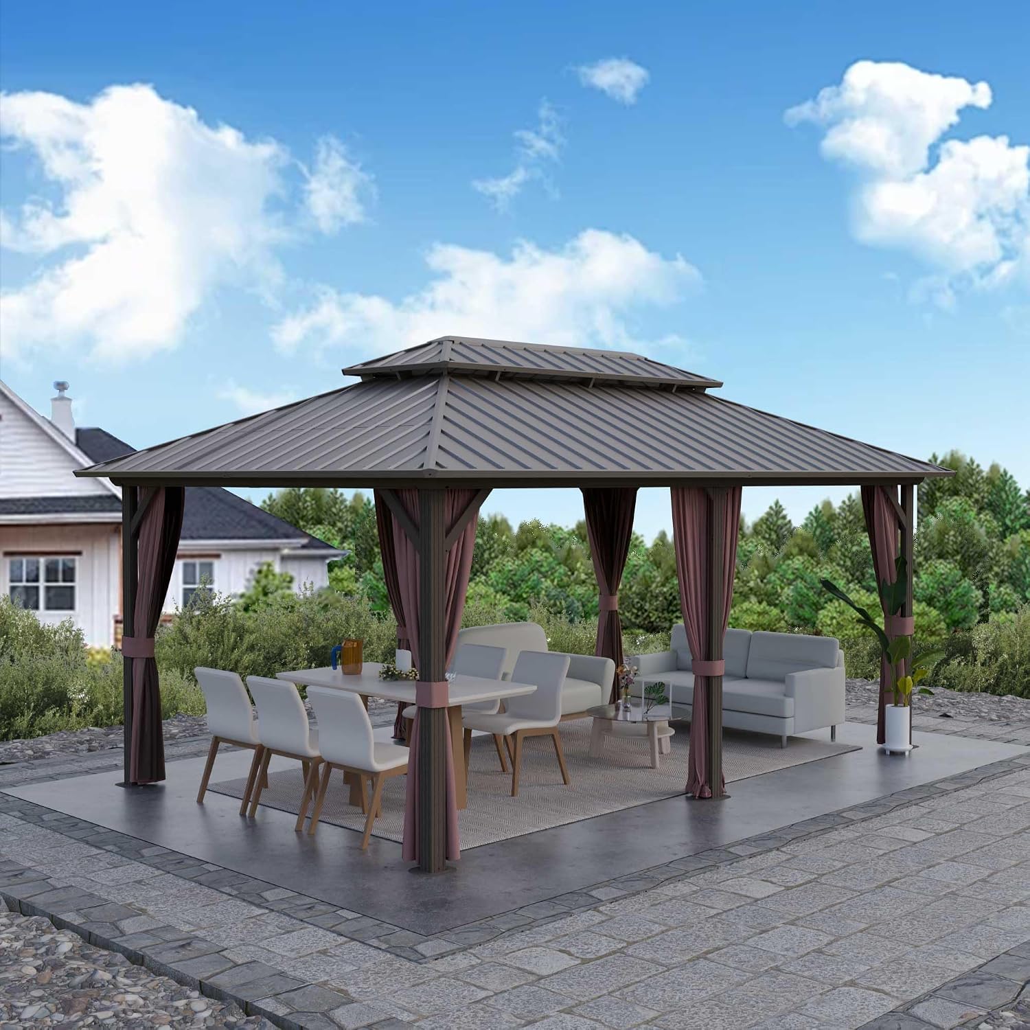 12'x18' Hardtop Gazebo, Outdoor Aluminum Frame Galvanized Steel Double Roof Pavilion with Netting and Shaded Curtains, Permanent Metal Pergolas for Patio, Backyard, Deck and Lawns.