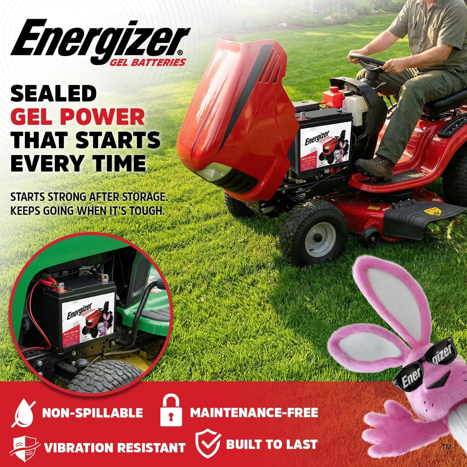 Energizer EN-U1-350-GEL, 12 Volt 350 CCA, Long Lasting Sealed Lead Acid AGM Rechargeable Battery Ideal For Use In Tractors, Lawn Mowers, and more