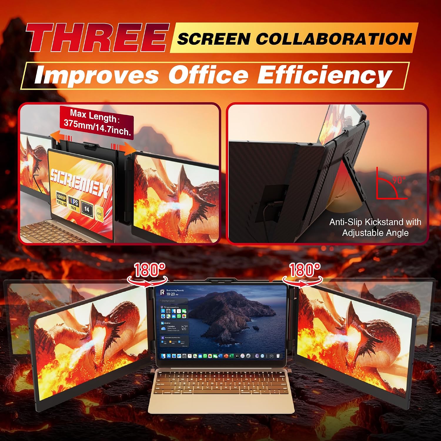Laptop Screen Extender Triple Monitor, 14.2' Portable Multi Monitor FHD 1080P IPS Ultra-Thin, HDMI/USB-A/Type-C & Plug & Play, Fits 13-17' Laptops, Compatible with Windows/macOS/Android/Switch