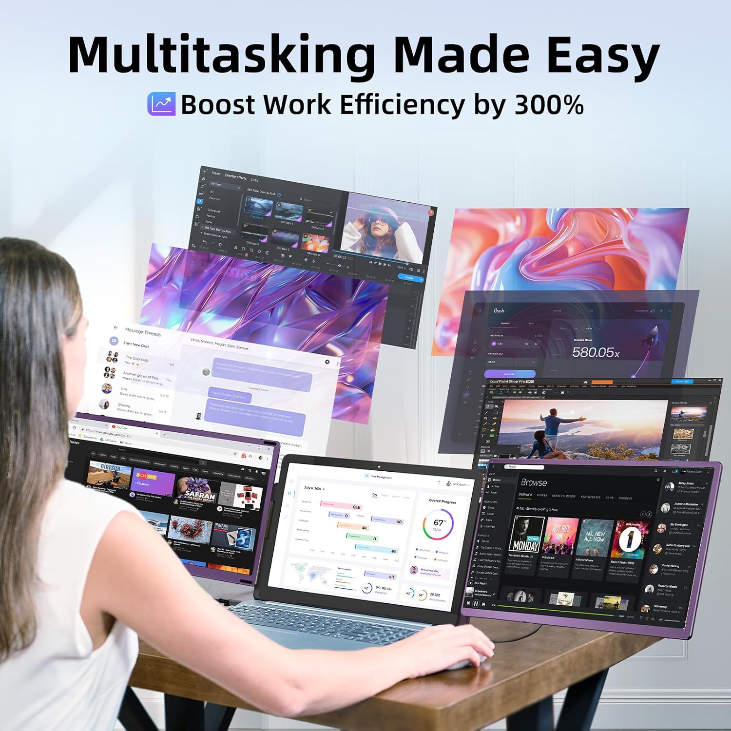15.6' Laptop Screen Extender Monitor - Detachable Triple Monitor FHD 1080P IPS 120% sRGB 235° Rotation Travel Extra Screen Compatible with Wins Mac Chrome Dex Fits 13-17' Laptop