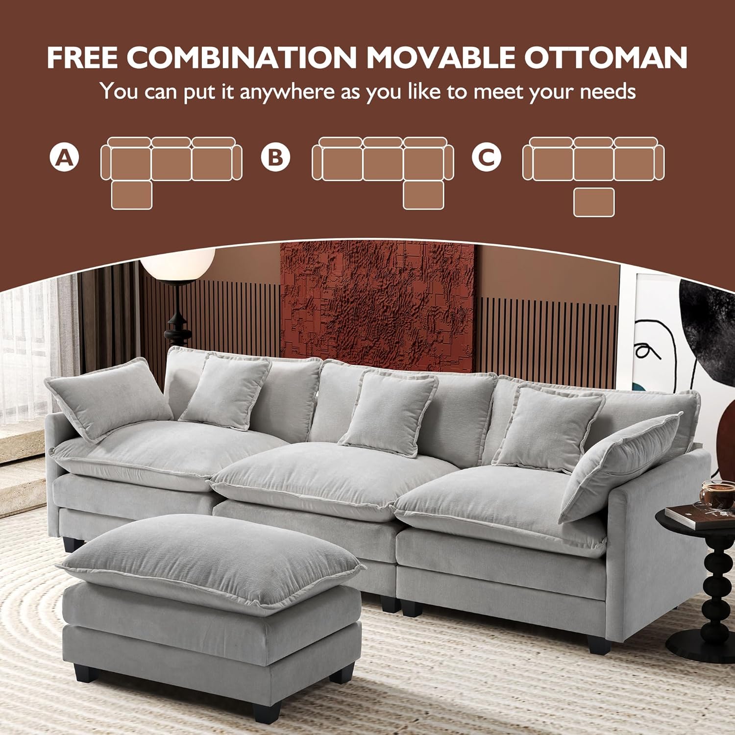Ihanherry 111.4' L Shaped Modern Sofa Modular Sectional Cloud Couch with Ottoman, 4-Seat Chenille Deep Seat Sofa with Pillow for Living Room, Bedroom and Apartment, Grey