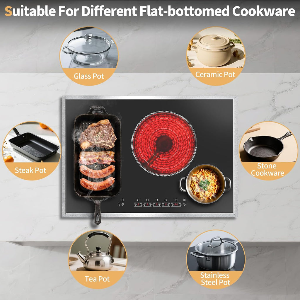 30 Inch Electric Cooktop, 4 Burner Electric Stove Top with Touch Control, 7800W Built-In Glass Stovetop with BBQ & Expandable Zone, 9-Level Adjustable, Child Lock, Timer, 220V-240V Hardwire