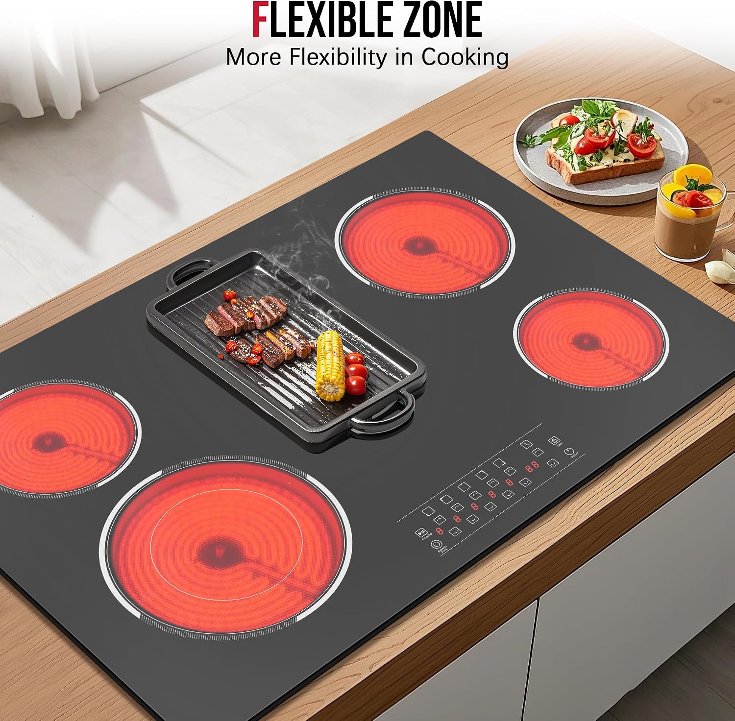 30 Inch Electric Cooktop 5 Burner, 8400W Built-in Electric Stove Top, 30' Ceramic Cooktop with Expanded Zone, Touch Control, Timer, Pause Control, Safety Lock, 220-240V, Hard Wire, No Plug