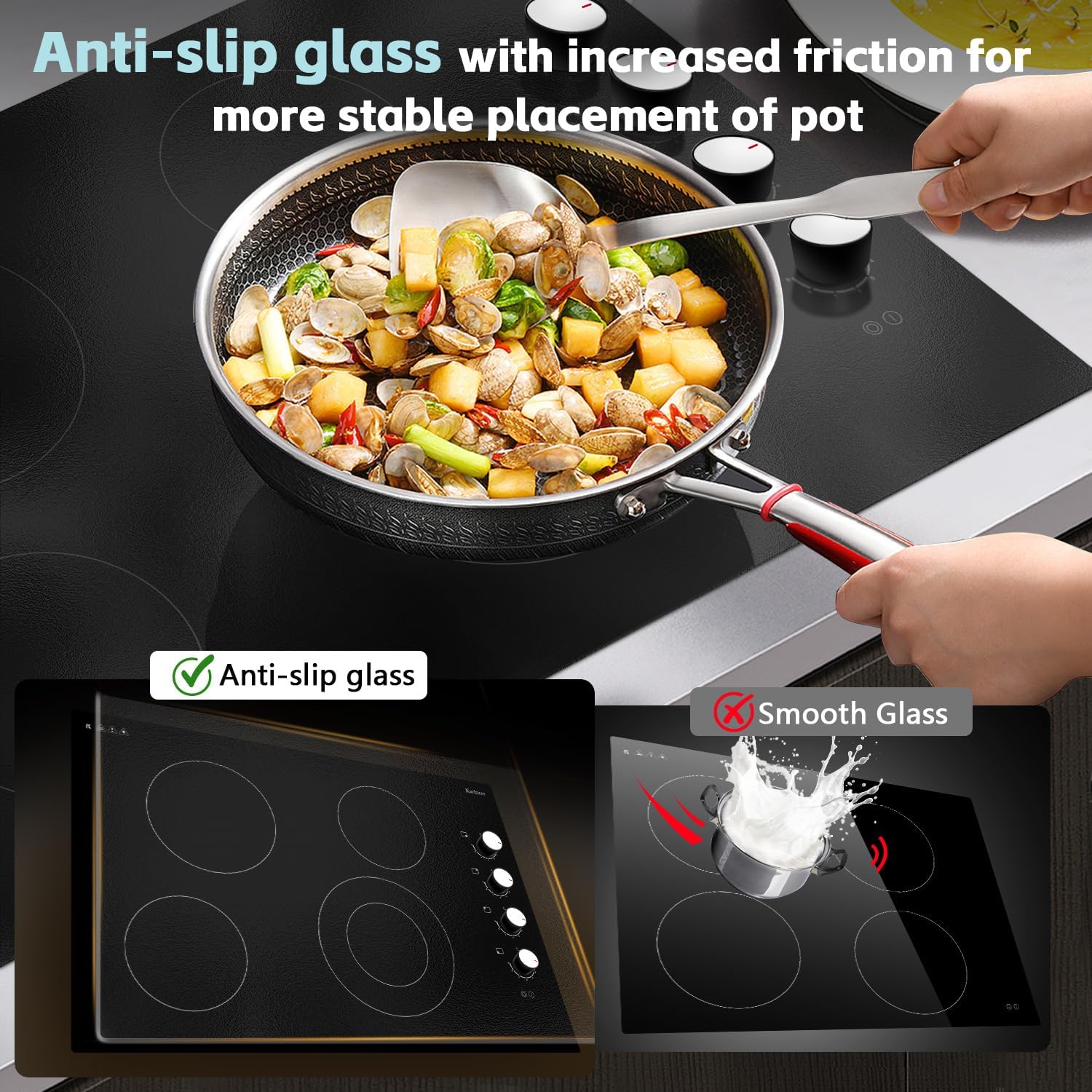 Karinear Electric Cooktop 30 Inch, 4 Burners Electric Stove Top, 30' Knob Control Built-in Radiant Ceramic Cooktop, 6700W, 220~240V Hard Wire(White Knob)
