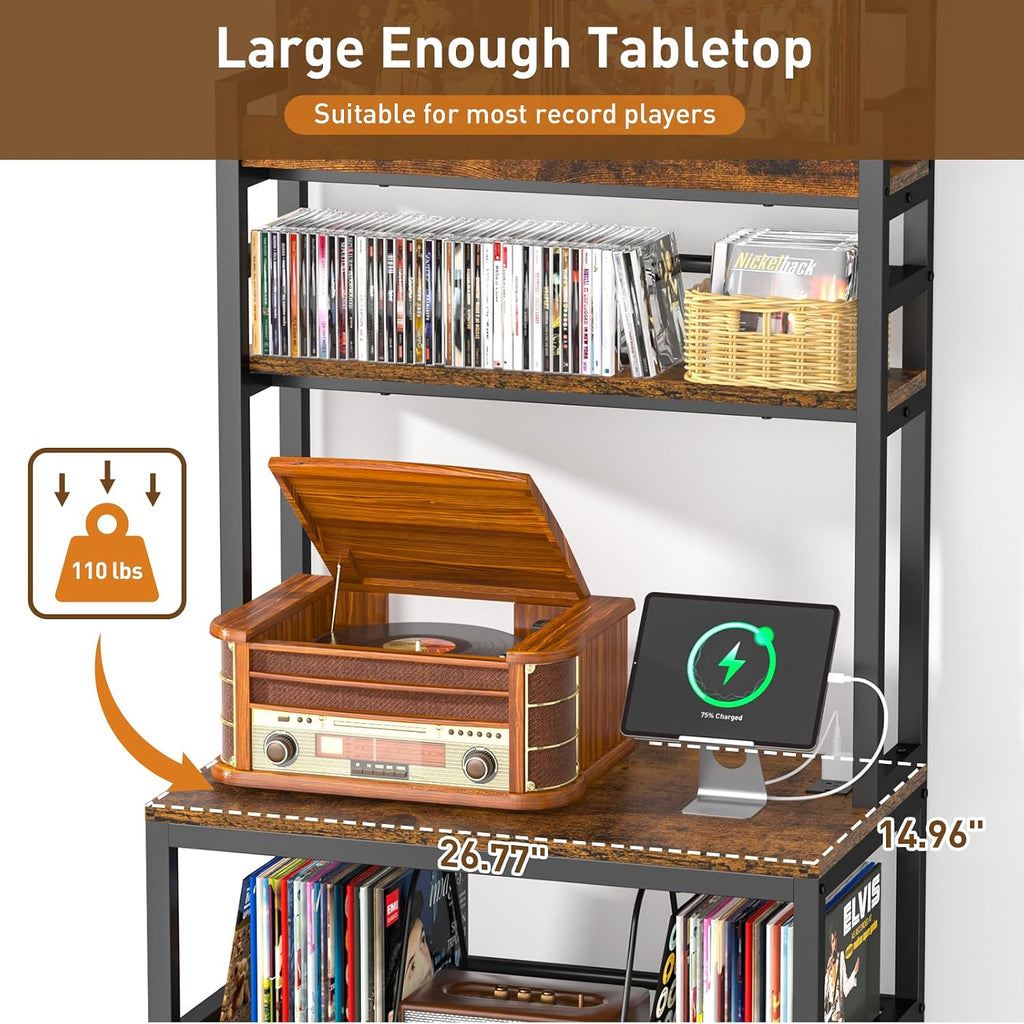 Record Player Stand with Vinyl Storage, 5-Tier Turntable Stand Holds Up 500+ Albums, Large Record Player Table with Charge Station & CD/DVD Storage Rack, Vinyl Record Stand for Living Room, Bedroom