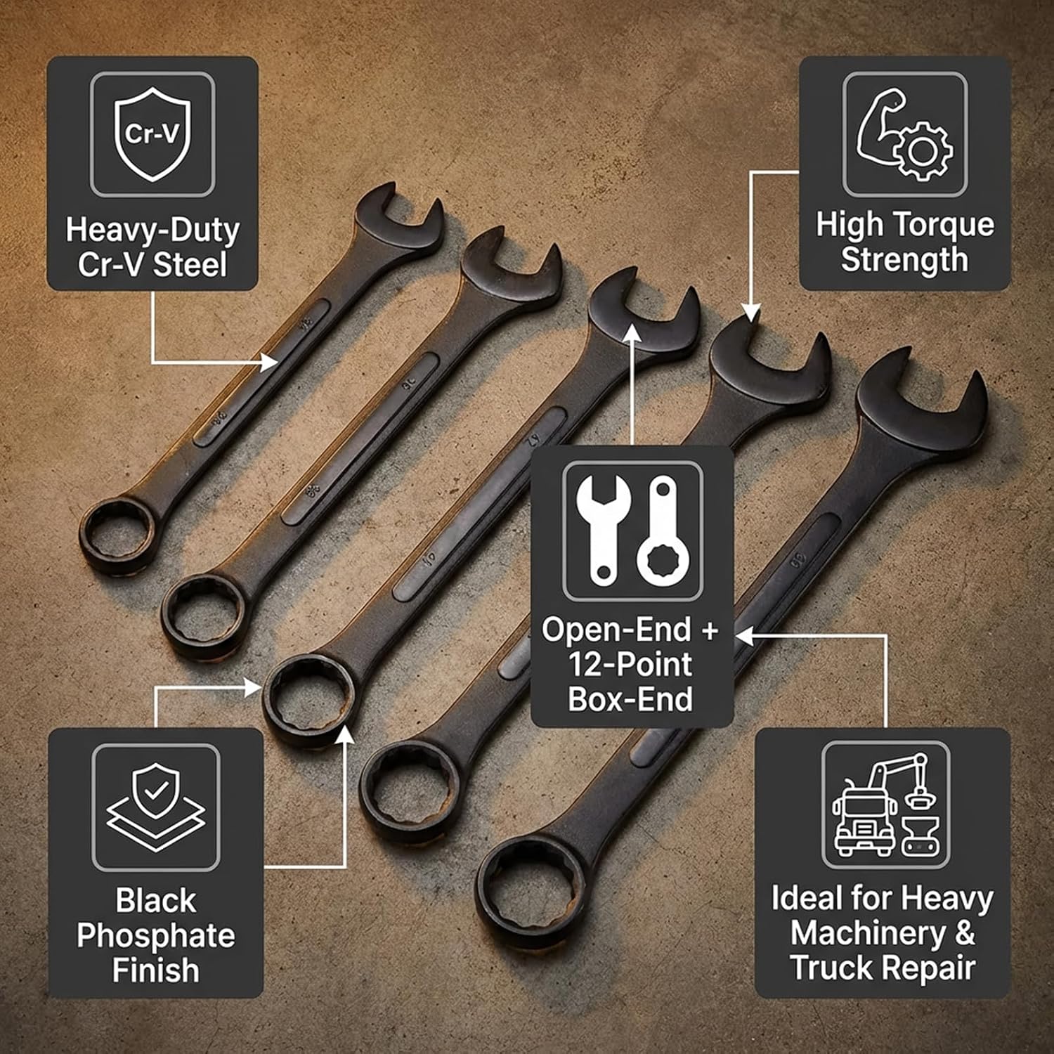 10PC Jumbo Combination Wrench Set, Metric 34–50mm, Heavy-Duty Cr-V Steel, Black Oxide Finish, Extra Large Wrench Kit with Storage Pouch