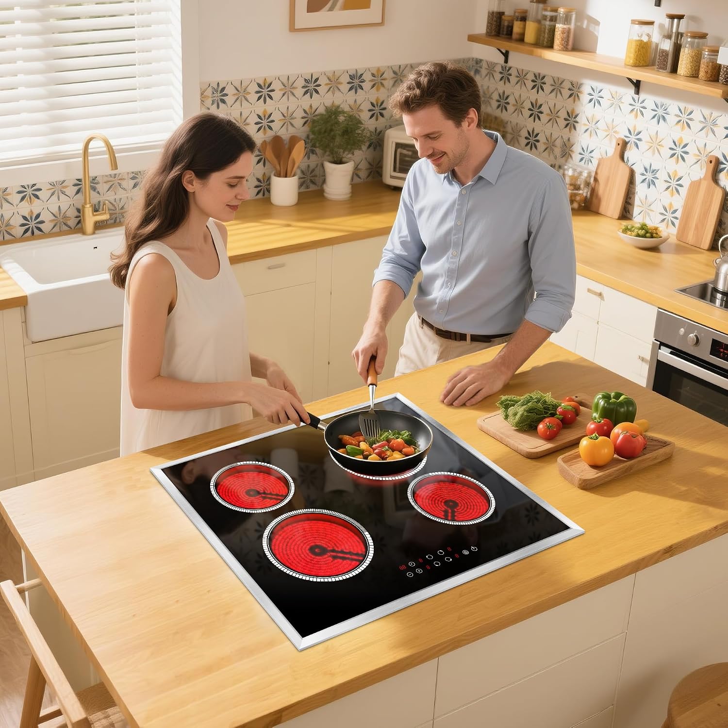 24 Inch Electric Cooktop 4 Burner Electric Stove, 6000W Built in Ceramic Stovetop with Touch Control 24', Timer, Child Lock, 9 Heating Level, 220-240v, Hard Wire(No Plug)