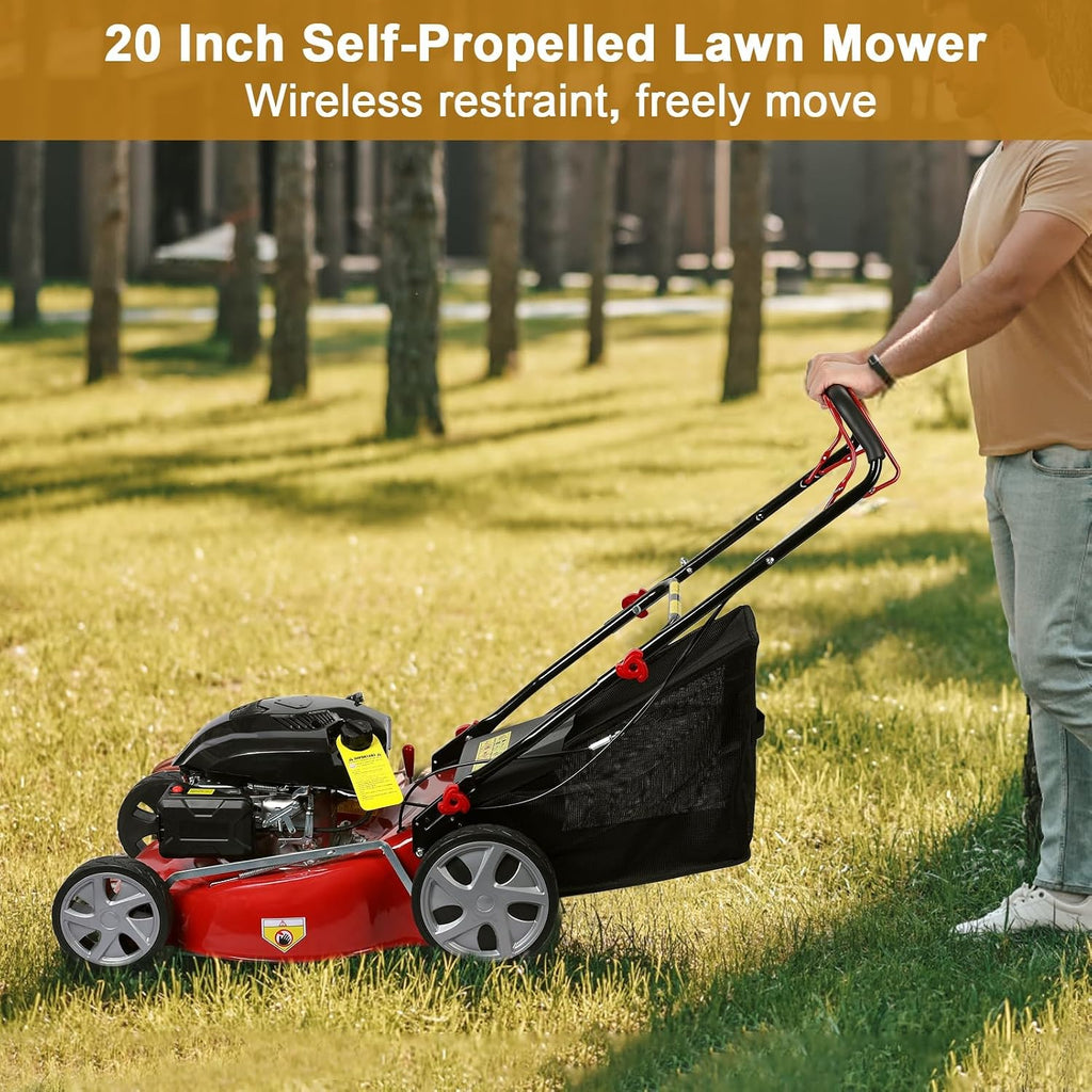 3 in 1 Gas Lawn Mower Self Propelled,141 OHV Engine with Air Cooling, 20' Steel Deck, 8-Level Height Adjustment, 50L Grass Tank, Foldable Design Red