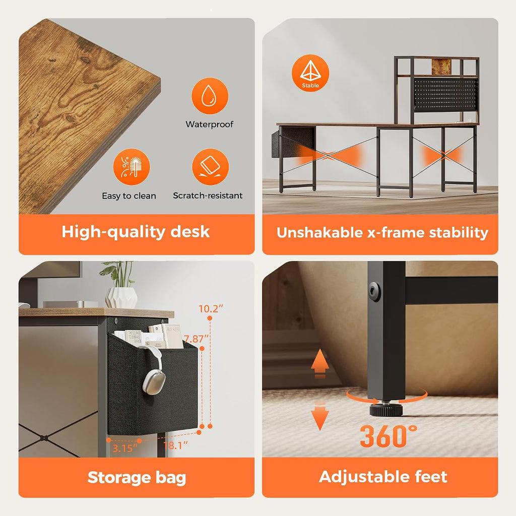 Mericonia 59 inch Large L Shaped Desk with Pegboard Hutch & Shelves, Corner Gaming Desk with Power Outlet, LED Light & Storage Bag, Reversible Computer Desk for Home, Bedroom, Office Workspace, Brown